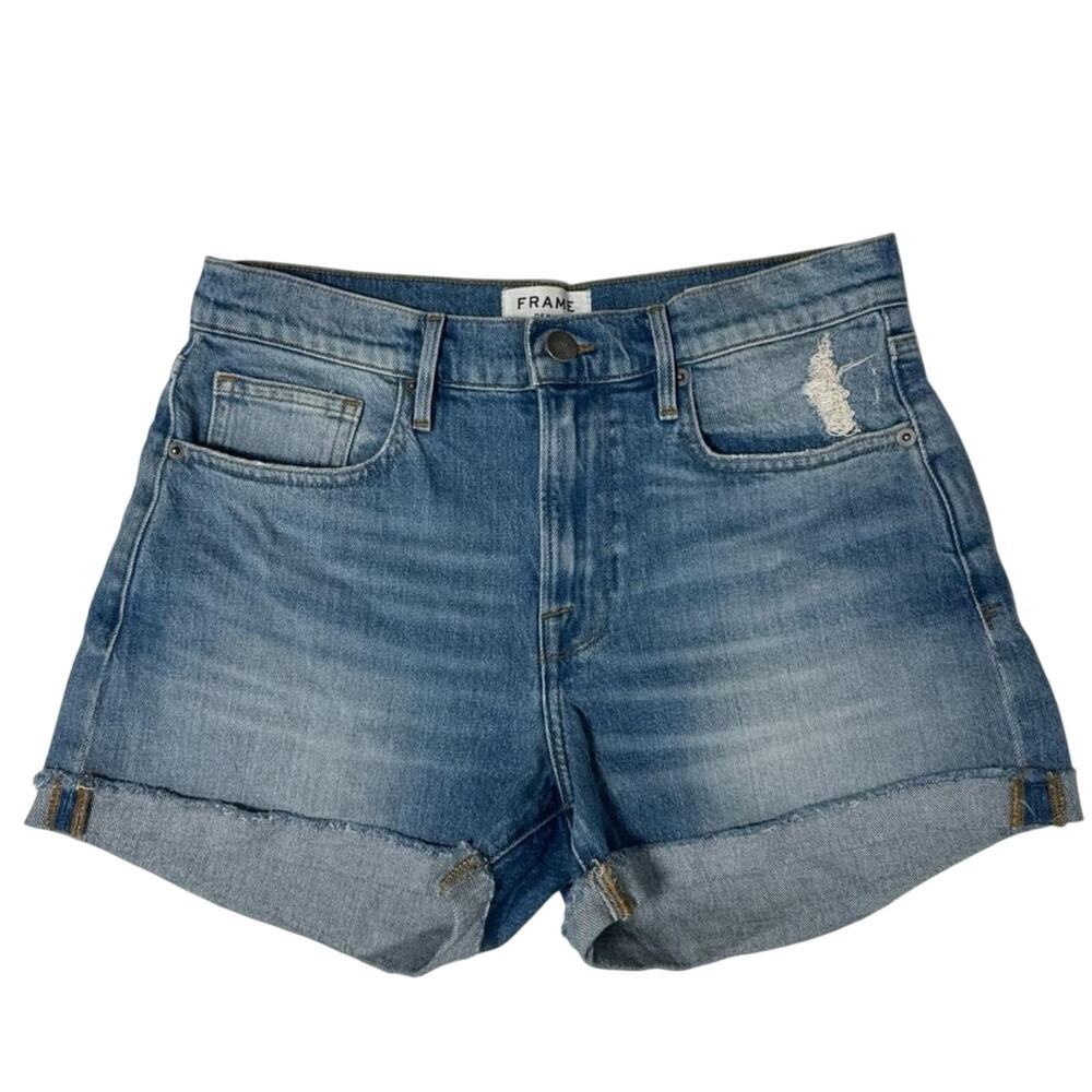 FRAME Le Brigette High Rise Distressed Rolled Cuff Denim Jean Shorts Size 27